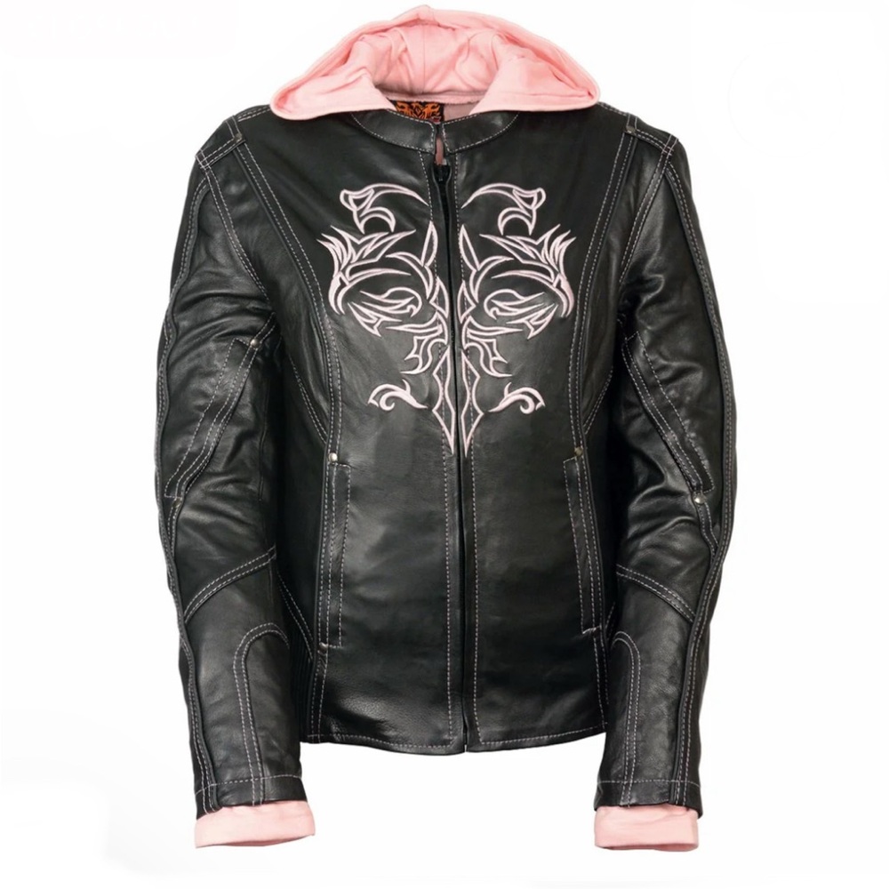 Milwaukee Performance Black Leather Motorcycle Jacket w/Reflective Tribal Design